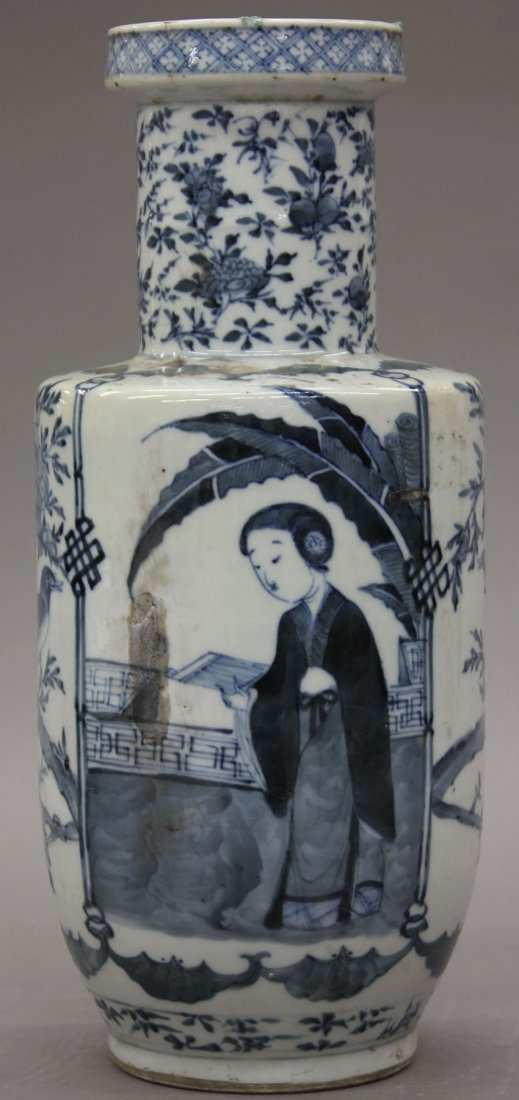 CHINESE BLUE AND WHITE VASE with four marks heigh: CHINESE BLUE AND WHITE VASE with four marks height- 13 1/2" note- loss to glaze and hairline crack to rim
