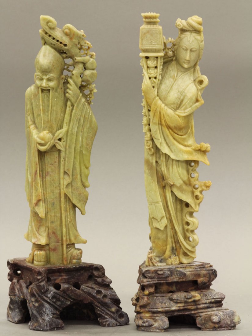 PAIR OF CHINESE CARVED SOAP STONE FIGURES early 20: PAIR OF CHINESE CARVED SOAP STONE FIGURES early 20th century height- 13" note- losses