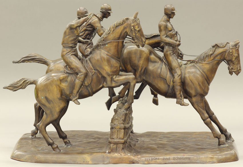 EUROPEAN CAST BRONZE OF JOCKEYS AND HORSE length-: EUROPEAN CAST BRONZE OF JOCKEYS AND HORSE length- 27 1/4"