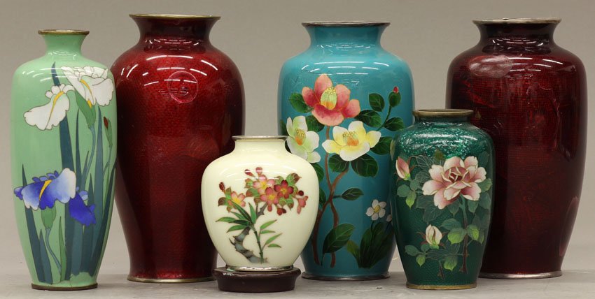LOT OF (6) JAPANESE CLOISONNE VASES circa late 1: LOT OF (6) JAPANESE CLOISONNE VASES circa late 19th/early 20th century height- 3 1/2", 7 1/4" note- damage to five