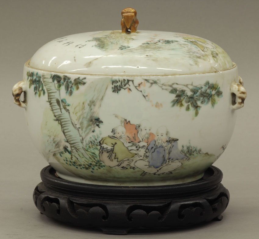 CHINESE PAINTED PORCELAIN COVERED COMPOTE with as: CHINESE PAINTED PORCELAIN COVERED COMPOTE with associated stand circa 19th century width- 7 1/2"