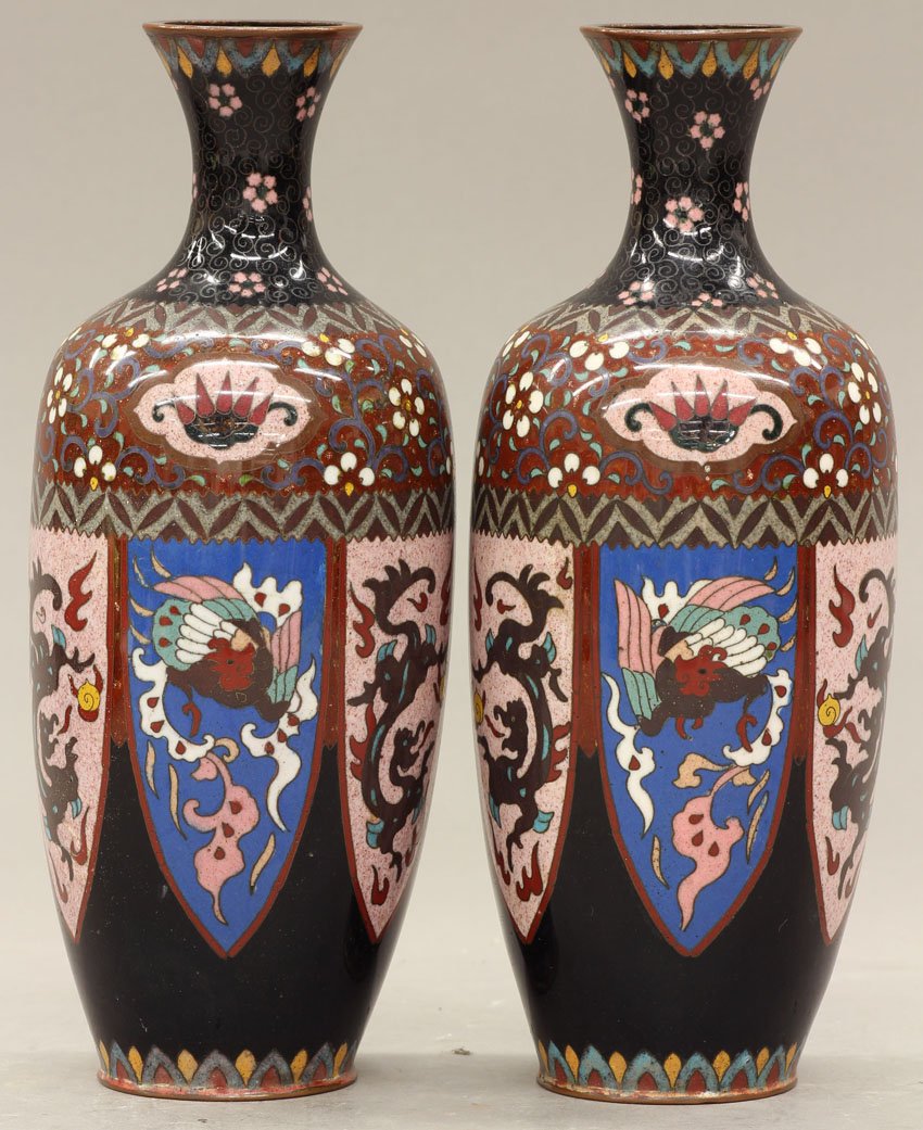 PAIR OF JAPANESE CLOISONNE VASES circa late 19th/: PAIR OF JAPANESE CLOISONNE VASES circa late 19th/early 20th century height- 9 1/4" note- minor bruises