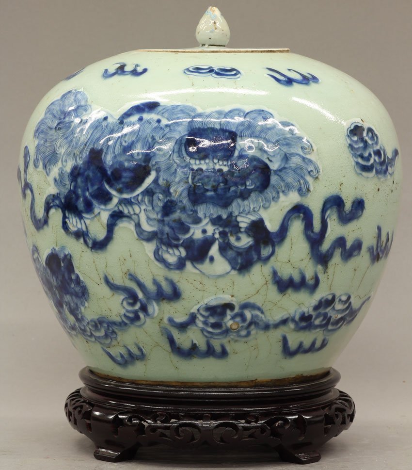 CHINESE BLUE AND WHITE GINGER JAR with stand heig: CHINESE BLUE AND WHITE GINGER JAR with stand height- 8 3/4" note- restoration and chips