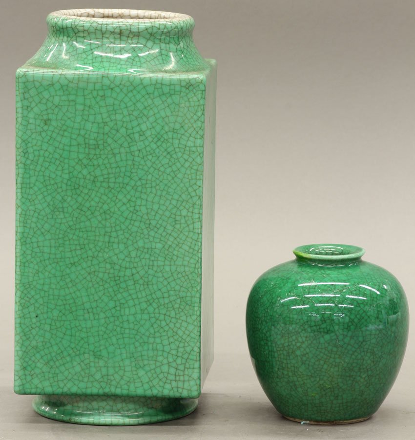LOT OF (2) CRACKLED PORCELAIN VASES circa early 20: LOT OF (2) CRACKLED PORCELAIN VASES circa early 20th century height- 4", 10 1/8" note- restoration