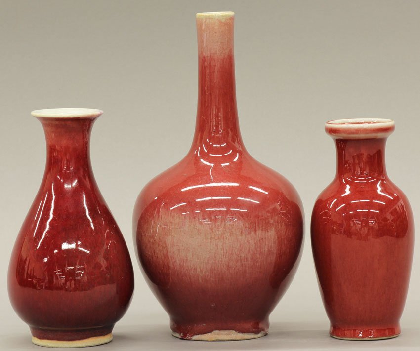 LOT OF (3) CHINESE FLAMBE PORCELAIN VASES circa l: LOT OF (3) CHINESE FLAMBE PORCELAIN VASES circa late 19th/early 20th century height- 5 1/4", 8"