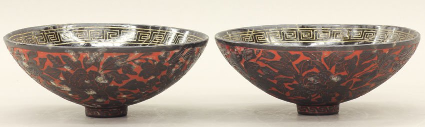 PAIR OF CHINESE CARVED BOWLS with Buddha painting: PAIR OF CHINESE CARVED BOWLS with Buddha paintings circa 20th century diameter- 8 1/4" note- major cracks
