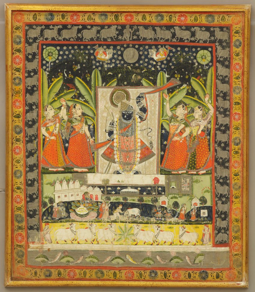 EARLY THAI PAINTING ON BOARD sight- 29 3/4" x 34 : EARLY THAI PAINTING ON BOARD sight- 29 3/4" x 34 1/2"