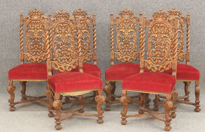 SET OF (6) CARVED OAK DINING CHAIRS circa early : SET OF (6) CARVED OAK DINING CHAIRS circa early 20th century height- 40", width- 18"