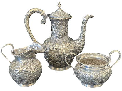 STERLING SILVER 3 PC. TEA SERVICE: Weight- 19.9 troy ozs. Overall- 3 1/4"- 7" Condition- see photo, side ding on teapot Shipping U.S. $45 plus insurance