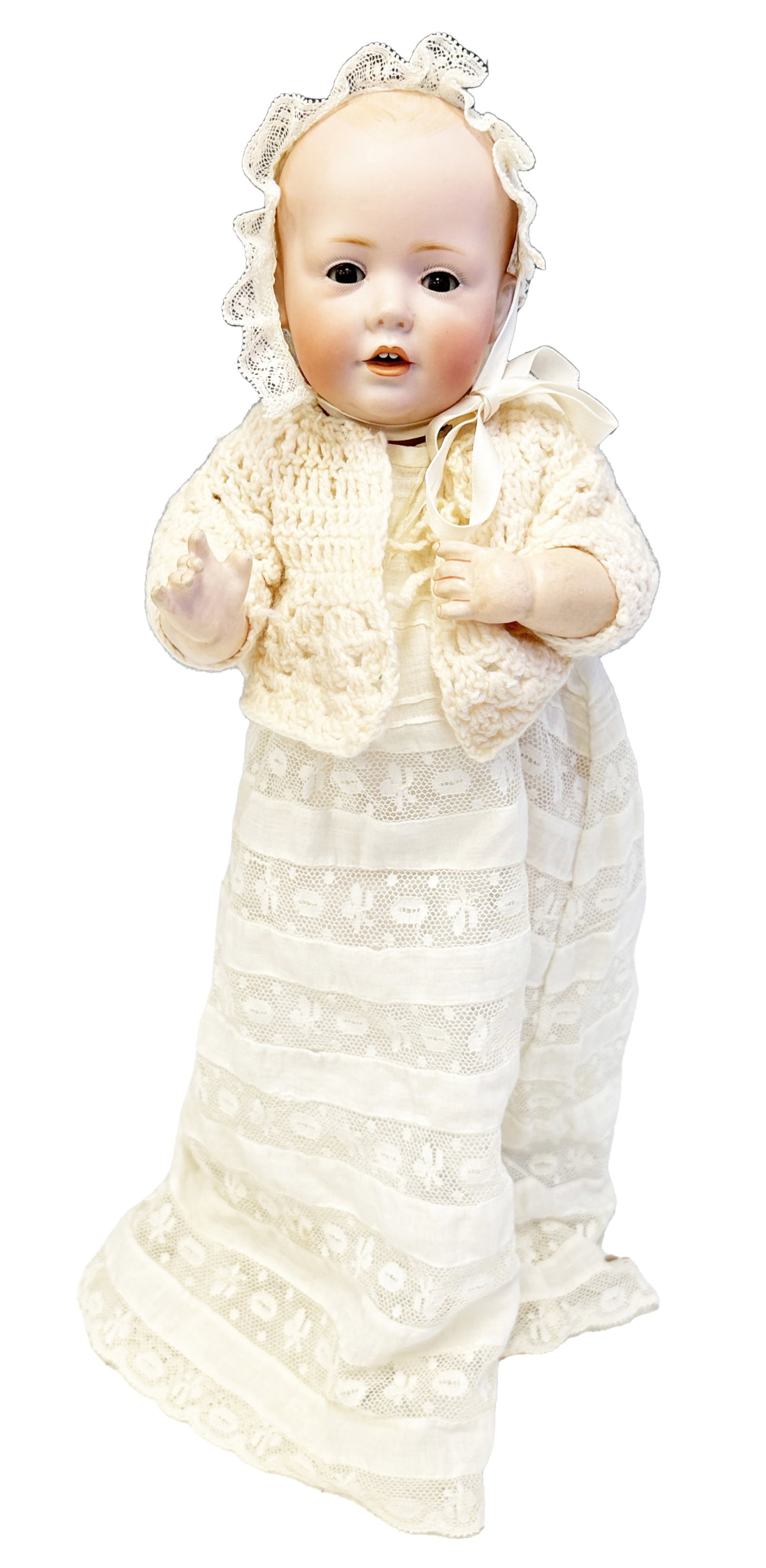 VINTAGE PORCELAIN BABY DOLL W/ ORIGINAL DRESS: Length- 12" Third party shipping only for this lot