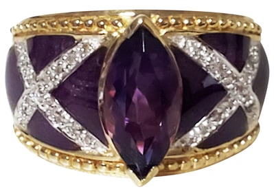 LADYS 14KT AMETHYST, DIAMOND & ENAMELED RING