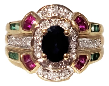 LADYS 14KT DIAMOND, RUBY SAPPHIRE RING