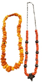 LOT OF (2)- CORAL AND AMBER ASIAN STYLE NECKLACES