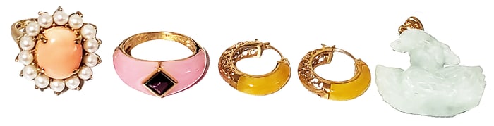 LOT OF (4) 14KT JEWELRY-CORAL, JADE & ENAMEL