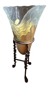 MODERN ART GLASS VASE ON WROUGHT IRON STAND
