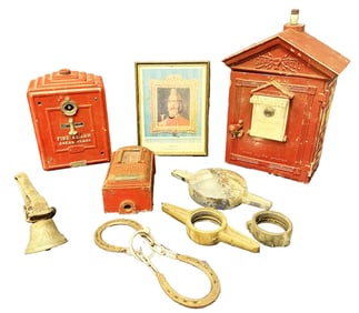 LOT OF FIRE RELATED ITEMS- VINTAGE ALARMS