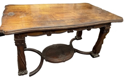 MAHOGANY CARVED LIBRARY TABLE, CA. 1900