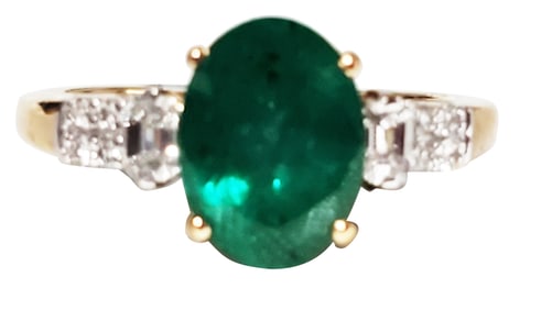 LADYS 18KT Y.G. EMERALD & DIAMOND RING