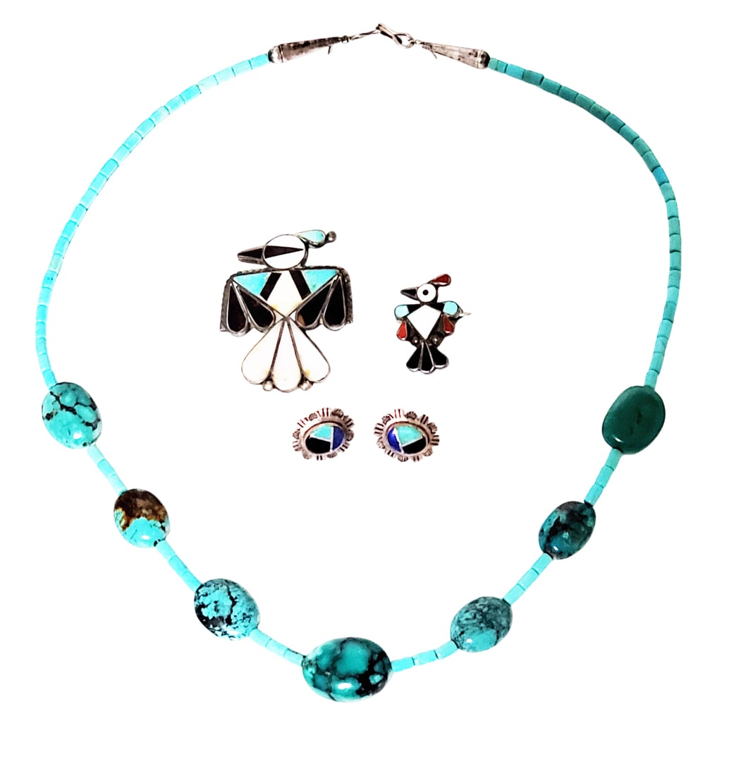 NATIVE AMERICAN SILVER TURQUOISE JEWELRY- 4 PCS. (1 of 10)