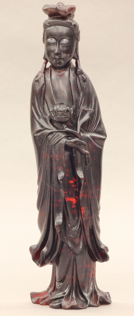 AMBER CARVED QUAN YIN FIGURE length- 19 1/2" note- : AMBER CARVED QUAN YIN FIGURE length- 19 1/2" note- some restoration