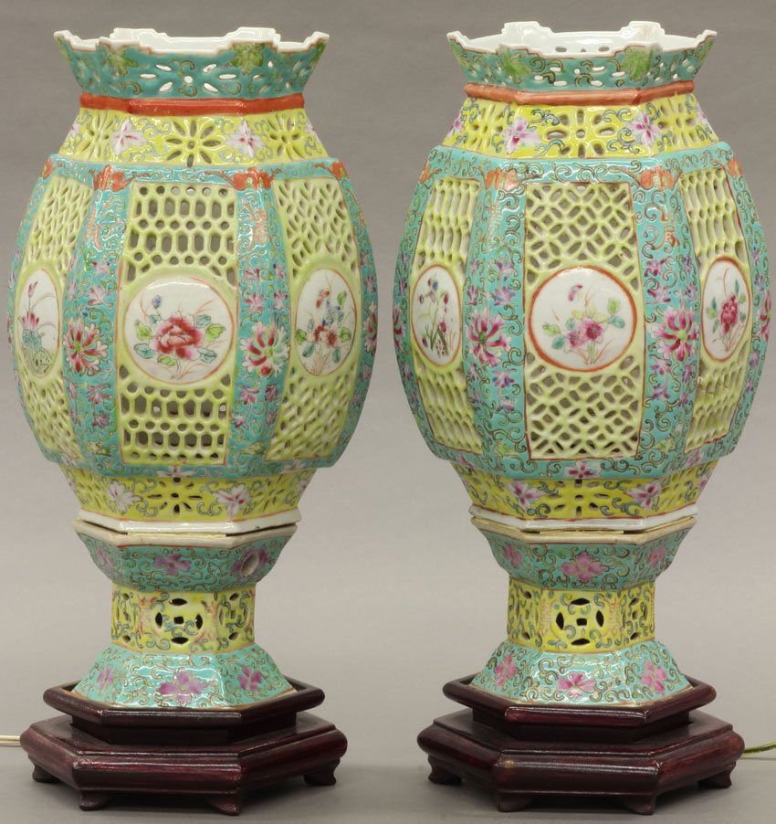 PAIR OF CHINESE ENAMELED PORCELAIN LANTERNS on wood: PAIR OF CHINESE ENAMELED PORCELAIN LANTERNS on wooded base total height- 12"