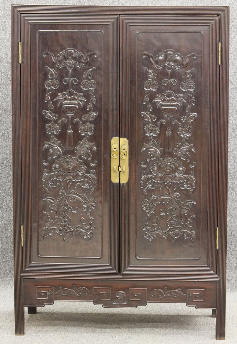 QING DYNASTY ROSEWOOD CARVED CABINET circa 19th cen: QING DYNASTY ROSEWOOD CARVED CABINET circa 19th century or earlier height- 77", width- 49 1/2"