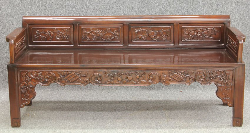 EARLY CHINESE CARVED BENCH with floral and fruit ca: EARLY CHINESE CARVED BENCH with floral and fruit carved details length- 73", height- 31"