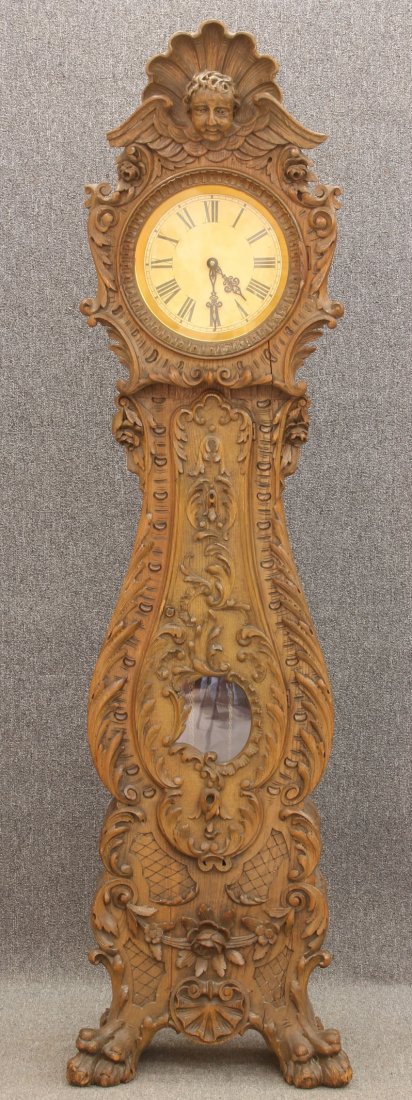 VICTORIAN CARVED OAK TALL CASE CLOCK: VICTORIAN CARVED OAK TALL CASE CLOCK