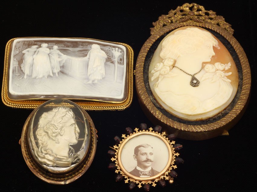 GROUPING OF LATE VICTORIAN JEWELRY cameos, pins len: GROUPING OF LATE VICTORIAN JEWELRY cameos, pins length- 1 1/4"- 3 1/4"