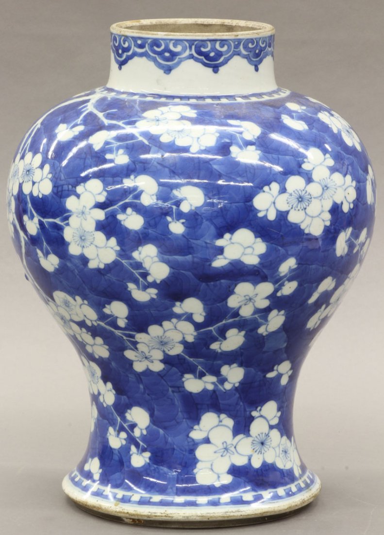 QING DYNASTY BLUE AND WHITE PORCELAIN VESSEL with d: QING DYNASTY BLUE AND WHITE PORCELAIN VESSEL with double ring mark, early papers note- made into a lamp, hairline crack on bottom height- 13 1/2"
