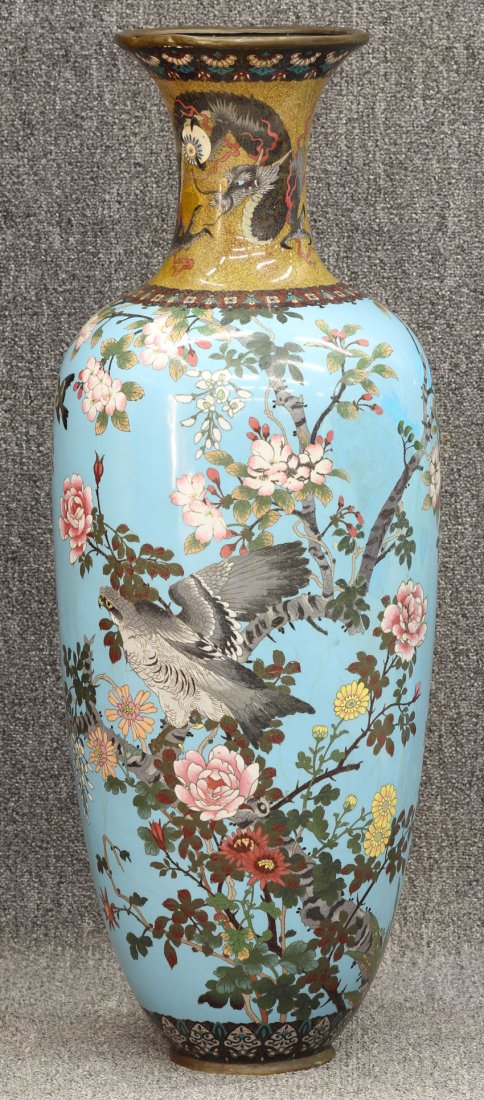 JAPANESE CLOISONNE VASE circa late 19th century no: JAPANESE CLOISONNE VASE circa late 19th century note- restoration height- 35"