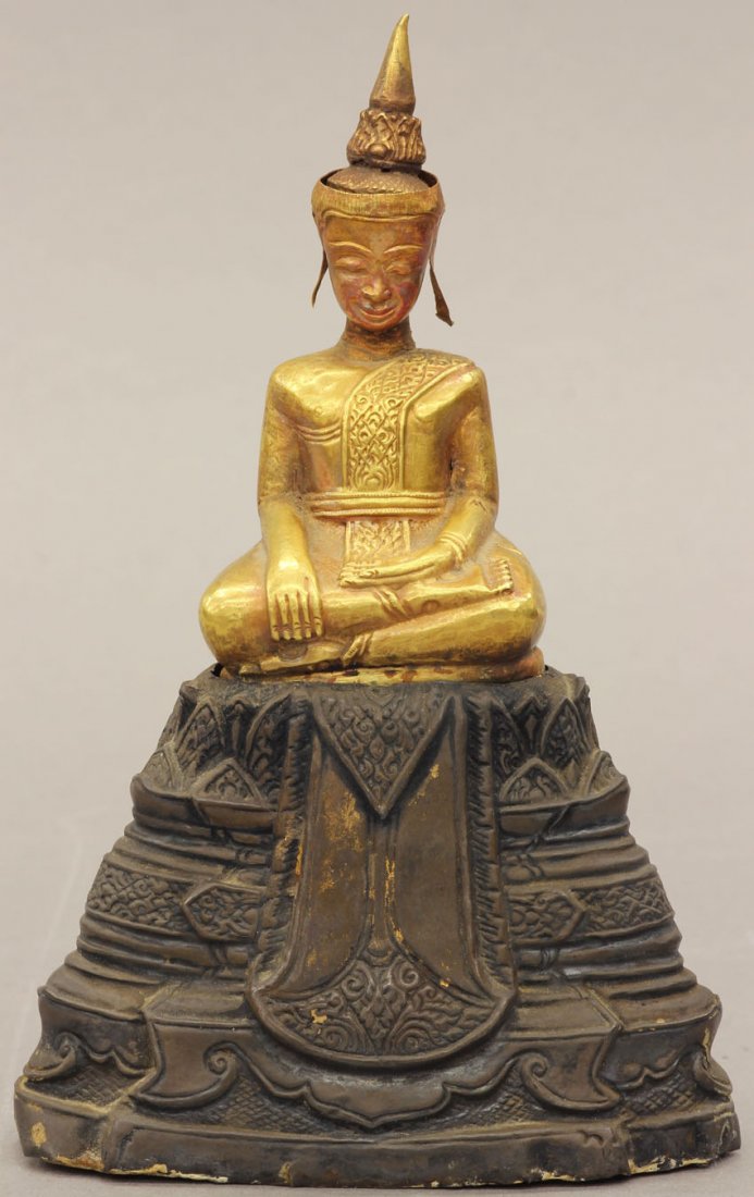 SINO-TIBETAN GILDED METAL BUDDHA on stand circa 19: SINO-TIBETAN GILDED METAL BUDDHA on stand circa 19th century overall height- 6"