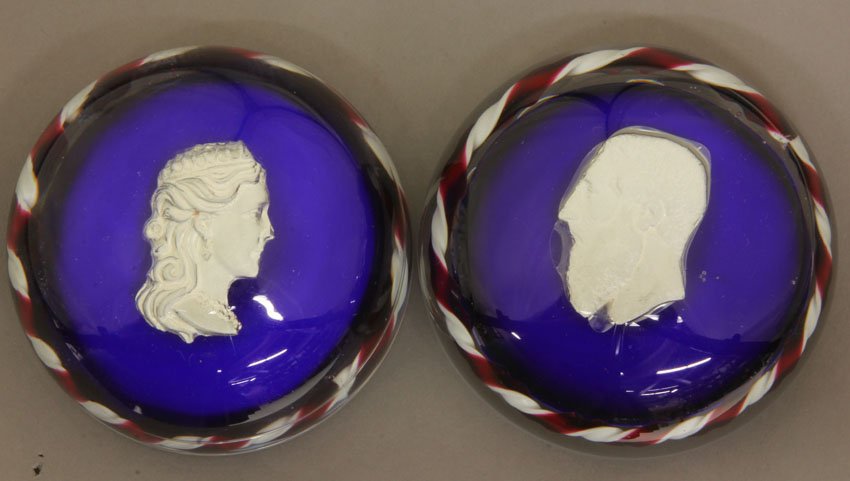 PAIR OF FRENCH ART GLASS PAPERWEIGHTS diameter- 3 : PAIR OF FRENCH ART GLASS PAPERWEIGHTS diameter- 3 3/4"