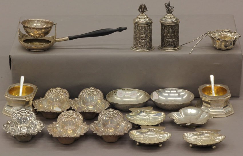 GROUPING OF STERLING SILVER salts, tea strainer to: GROUPING OF STERLING SILVER salts, tea strainer total- 17 pcs. weight- 25 troy oz.
