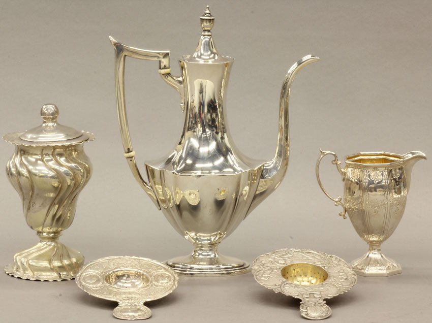 LOT OF (5) STERLING SILVER Teapot, tea strainers, : LOT OF (5) STERLING SILVER Teapot, tea strainers, creamer, compote weight- 30 troy oz.