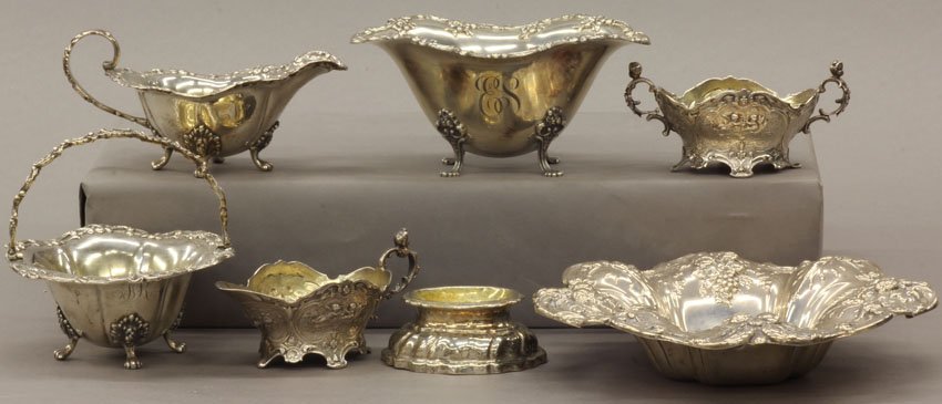 GROUPING OF (7) VICTORIAN SILVER ITEMS low bowls,: GROUPING OF (7) VICTORIAN SILVER ITEMS low bowls, creamer, footed compote length- 3 1/4"- 7 1/2" weight- 32 troy oz. note- all items are sterling silver except one bowl
