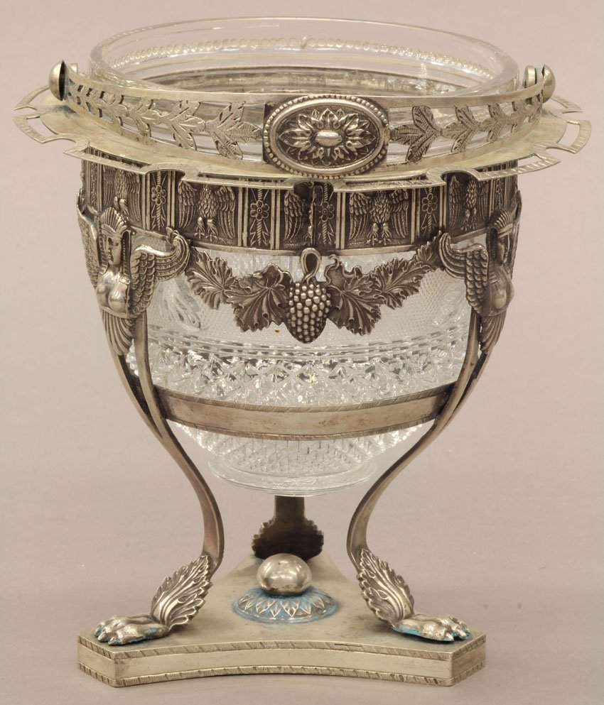 EGYPTIAN SILVER COMPOTE with glass liner height- 5: EGYPTIAN SILVER COMPOTE with glass liner height- 5 1/2"