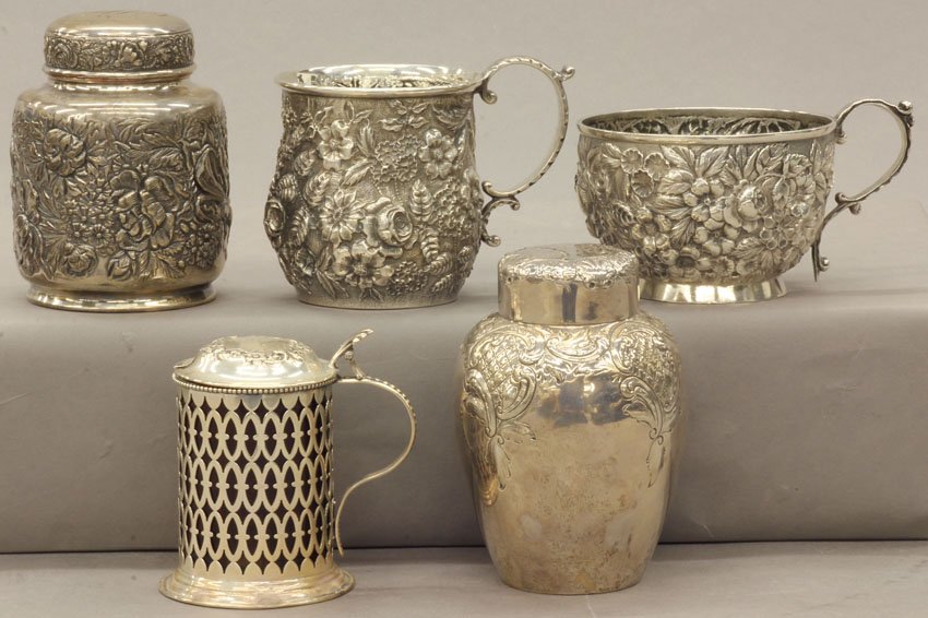 LOT OF (5) STERLING SILVER ITEMS covered container: LOT OF (5) STERLING SILVER ITEMS covered containers, cup weight- 16.5 note- weight does not include glass liner of one of the items