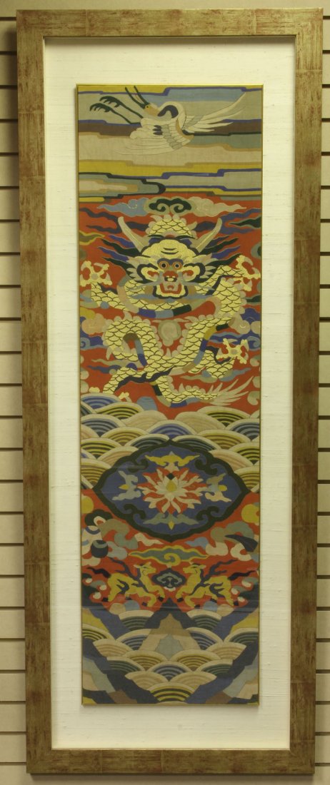 TIBETAN SILK EMBROIDERED PANEL circa early 20th ce: TIBETAN SILK EMBROIDERED PANEL circa early 20th century overall- 27" x 70"