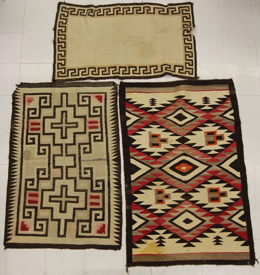 LOT OF (3) NAVAHO INDIAN BLANKETS circa 1930-1940 : LOT OF (3) NAVAHO INDIAN BLANKETS circa 1930-1940 overall sizes- 30" x 50 1/2", 36 1/4" x 54 1/4", 39 1/2" x 61 1/2",