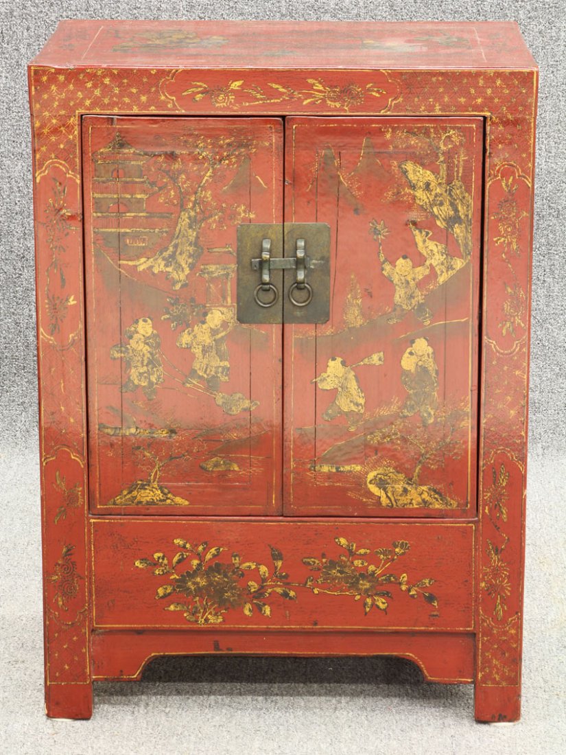 CHINESE RED LACQUERED DOUBLE DOOR CABINET circa 20: CHINESE RED LACQUERED DOUBLE DOOR CABINET circa 20th century height- 33", width- 23 3/4"