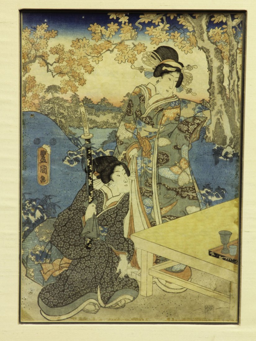 EARLY JAPANESE WOODBLOCK PRINTS, set of (3) sight-: EARLY JAPANESE WOODBLOCK PRINTS, set of (3) sight- 9 3/4" x 14" framed- 21" x 43"