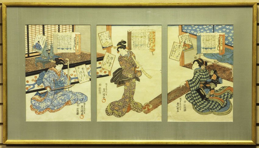 EARLY JAPANESE WOODBLOCK PRINT, set of (3) sight- : EARLY JAPANESE WOODBLOCK PRINT, set of (3) sight- 9 3/4" x 14 1/2" framed- 21" x 37 1/2"