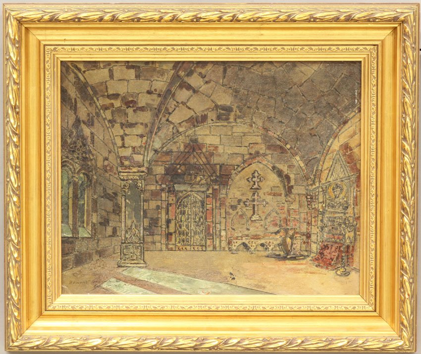 20TH CENTURY OIL ON BOARD Russian signed Interior : 20TH CENTURY OIL ON BOARD Russian signed Interior scene sight- 13" x 16"