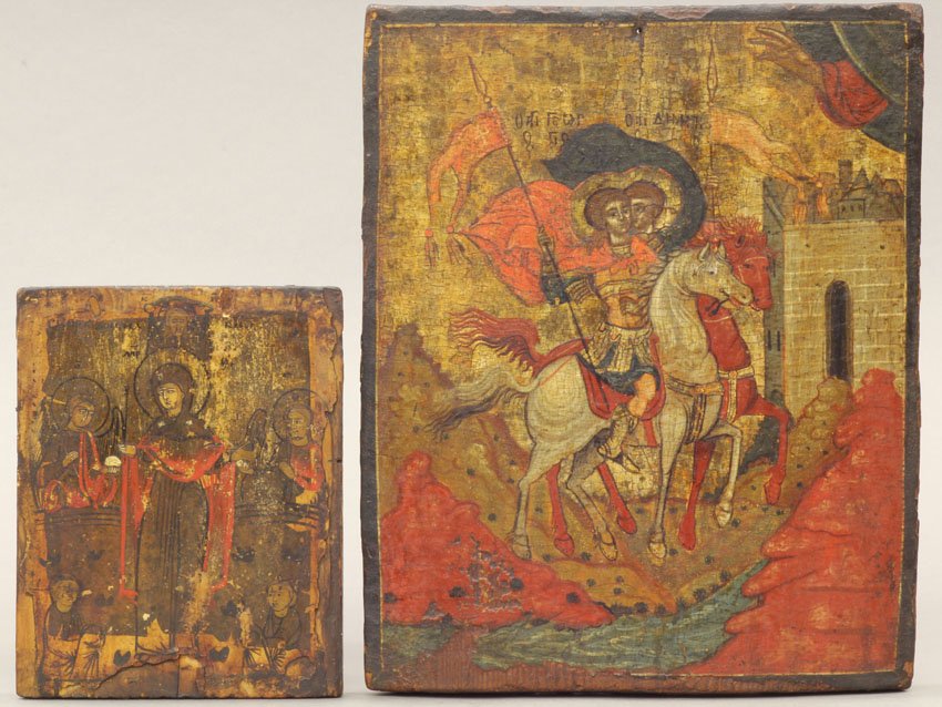 LOT OF (2) EARLY CONTINENTAL PAINTINGS ON WOOD pos: LOT OF (2) EARLY CONTINENTAL PAINTINGS ON WOOD possibly Russian overall- 4 3/4" x 6", 8" x 10"