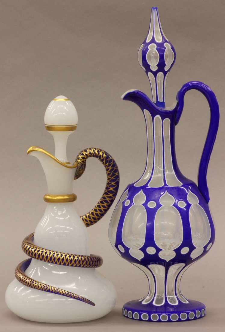 LOT OF (2) BOHEMIAN ART GLASS BOTTLES circa early : LOT OF (2) BOHEMIAN ART GLASS BOTTLES circa early 20th century height- 12", 17"