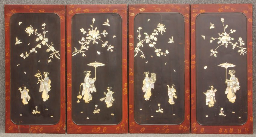 SET OF (4) JAPANESE PANELS with mother of pearl ci: SET OF (4) JAPANESE PANELS with mother of pearl circa early 20th century overall- 21" x 44"
