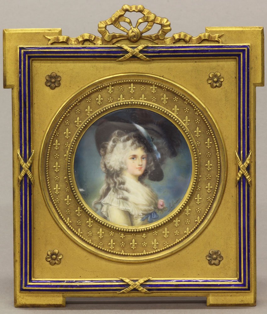 FRENCH MINIATURE PORTRAIT set in bronze and enamel: FRENCH MINIATURE PORTRAIT set in bronze and enameled frame circa late 19th century
