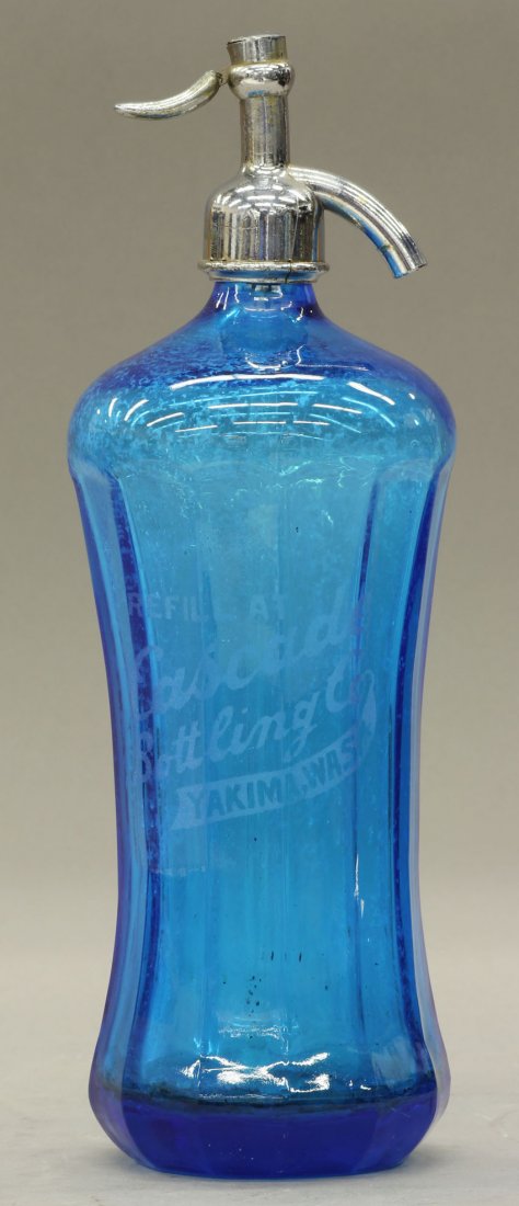 EARLY AMERICAN COBALT BLUE SELTZER BOTTLE etched-: EARLY AMERICAN COBALT BLUE SELTZER BOTTLE etched- Cascade Bottling Co. height- 12"