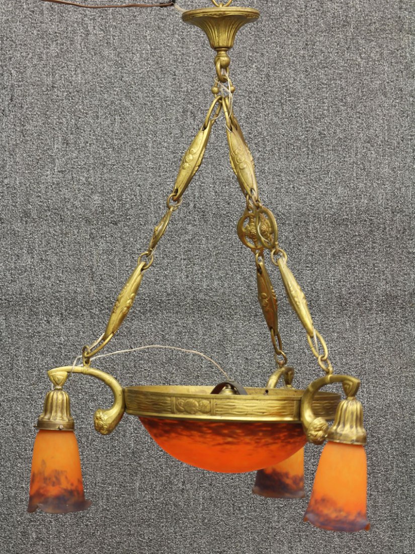 AUSTRIAN STYLE METAL CHANDELIER with art glass sh: AUSTRIAN STYLE METAL CHANDELIER with art glass shades